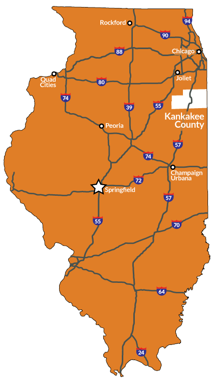 Illinois Map showing cities and proximity to Kankakee County.